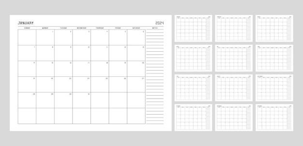 Calendar planner template for 2024 year. Week starts on Sunday with notes.