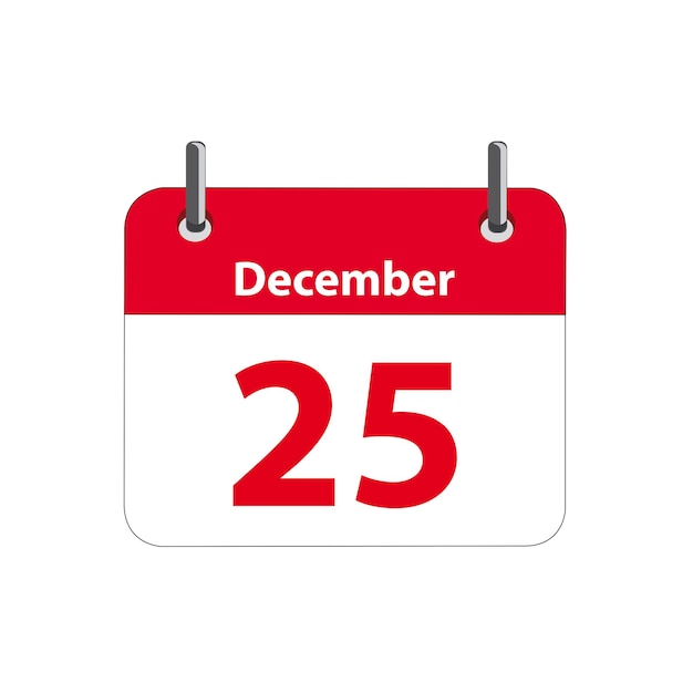 Calendar sheet with the date of december 25th on a white background with copy space