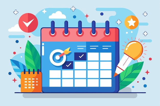 A calendar showcases planning tools for a business launch highlighting key targets and tasks planning the business launch date