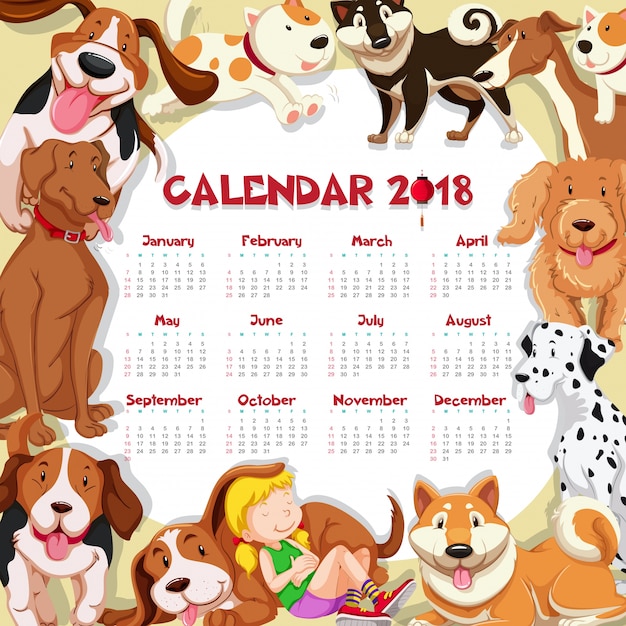 Calendar template for 2018 with many cute dogs