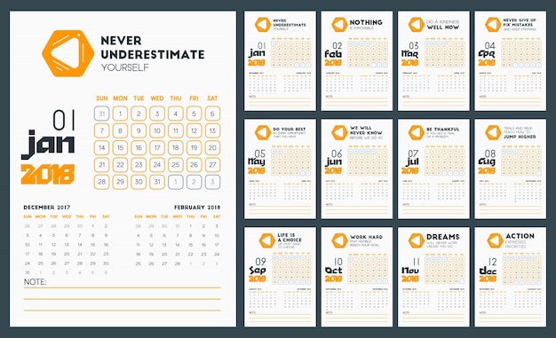 Calendar Template for 2018 Year in Clean Design With Motivational Quotes