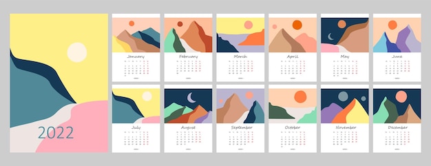 Calendar template for 2022 Vertical design with abstract boho landscapes Week starts on Monday A3