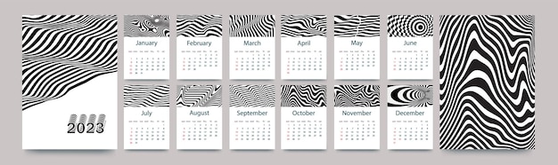 Calendar template for 2023 Vertical design with black and white lines Editable page template with A4 illustrations set of 12 months with covers Vector