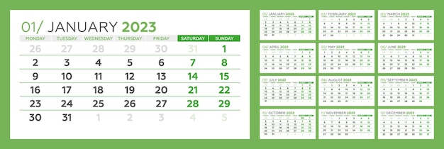 Calendar template for 2023 year English Week starts on Monday Set of 12 months Vector editable calender template