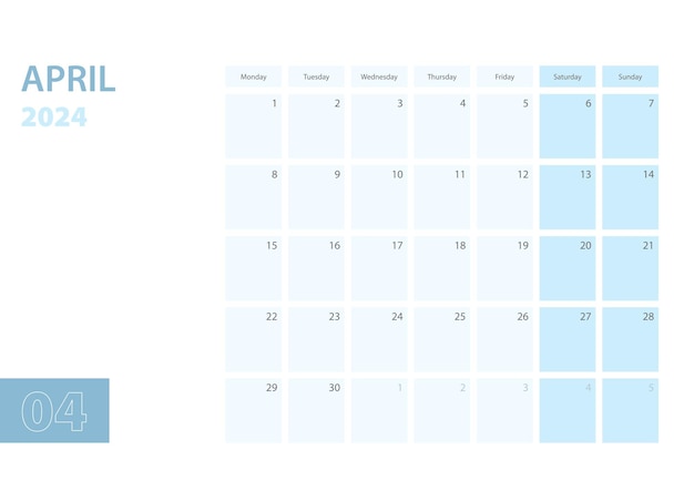 Calendar template for the April 2024 the week starts on Monday The calendar is in a blue color scheme