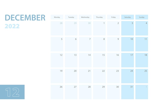 Calendar template for the December 2022, the week starts on Monday. The calendar is in a blue color scheme.