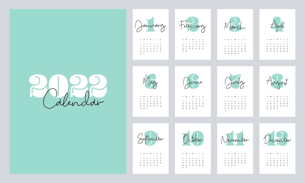 Calendar template design for 2022, printable monthly planner minimal flat design style, week starts on Sunday, vector illustration