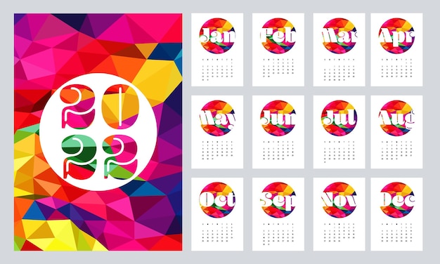 Calendar template design for 2022, printable monthly planner with colorful geometric shape, week starts on Sunday, vector illustration