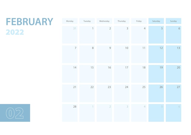 Calendar template for the February 2022, the week starts on Monday. The calendar is in a blue color scheme.