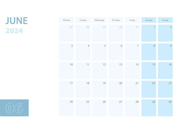 Calendar template for the June 2024 the week starts on Monday The calendar is in a blue color scheme