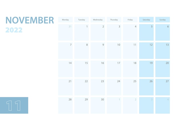 Calendar template for the November 2022, the week starts on Monday. The calendar is in a blue color scheme.