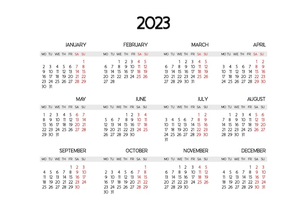 Calendar template for the year 2023 The beginning of the week is Monday