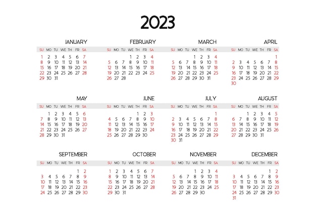 Calendar template for the year 2023 The beginning of the week is Sunday