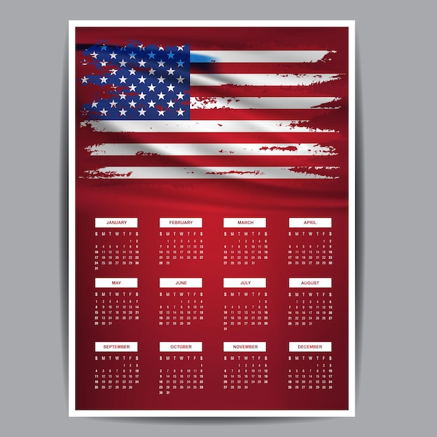 Calendar week starts Monday corporate design template American flag with American theme color