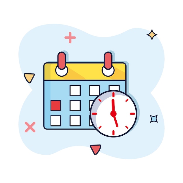 Calendar with clock vector cartoon illustration icon in comic style