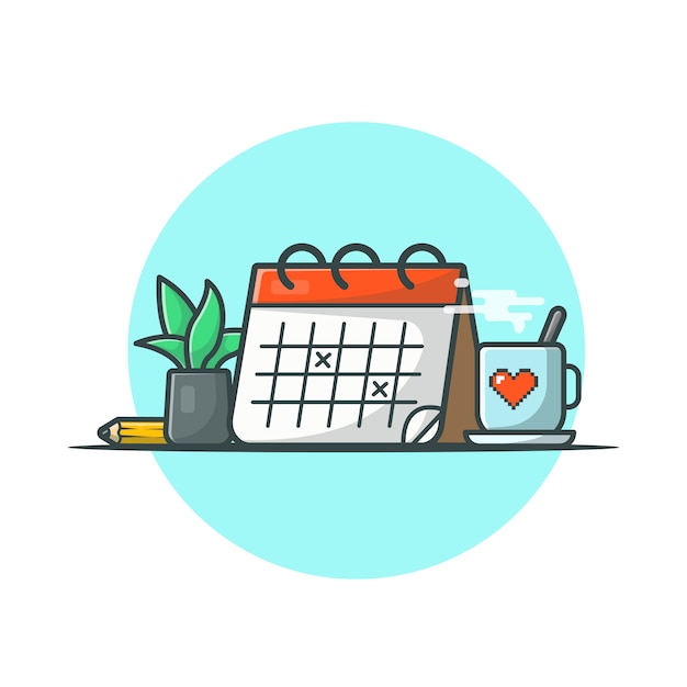 Calendar With Coffee, Plant And Pencil Vector Icon Illustration. Save The Date, Schedule Icon Concept White Isolated