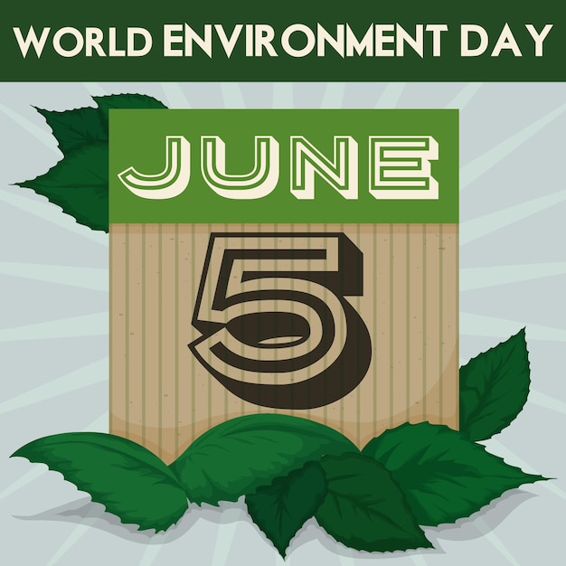 Calendar with date of World Environment Day with green leaves and sign in recycled cardboard