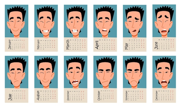 Calendar for  with funny emotions of a male asian character