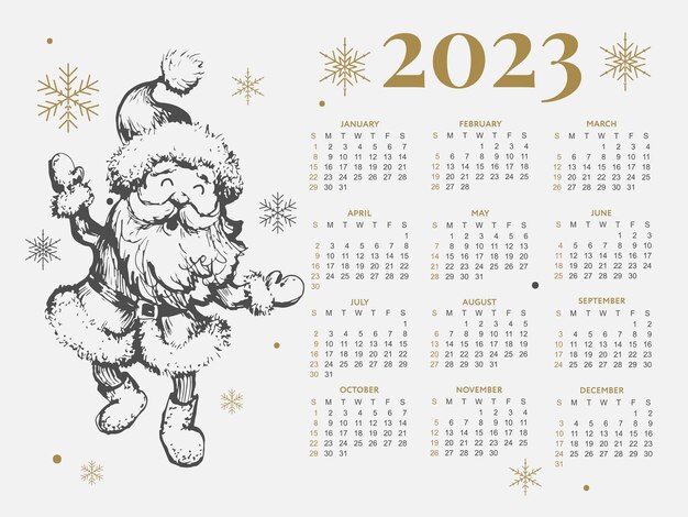 Calendar year vector illustration the week starts on sunday christmas snowflakes calendar template c