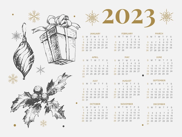 Vector calendar year vector illustration the week starts on sunday christmas snowflakes calendar template c