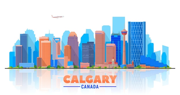 Calgary (Canada) skyline with panorama in white background. Vector Illustration. Business travel and tourism concept with modern buildings. Image for presentation, banner, web site.