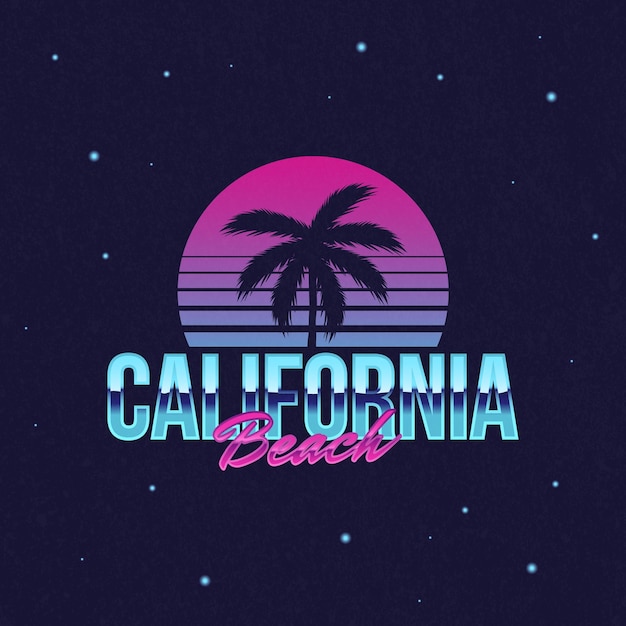 California Beach retro neon logo 80s logo design with Beach palm and retro sun Vector logo templa