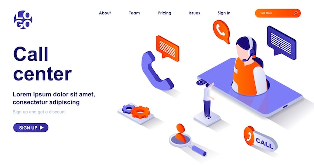 Call center 3d isometric landing page with people characters