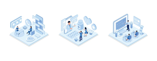 Call center concept, Doctor online concept with character,Student Learning Online at Home, isometric