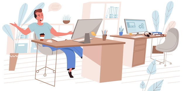 Call center concept in flat design. Operator in headset consults clients and working on computer in office people scene. Technical support consultant answer calls from customers. Vector illustration