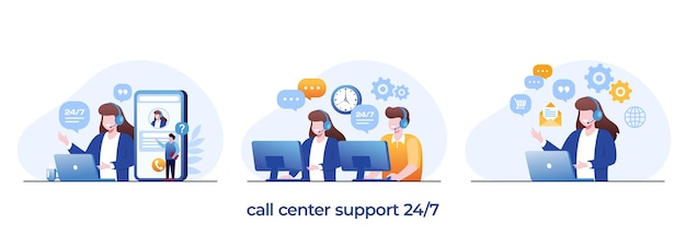 Call center concept hotline helpline assistant customer service 24 hours contact us flat illustration vector