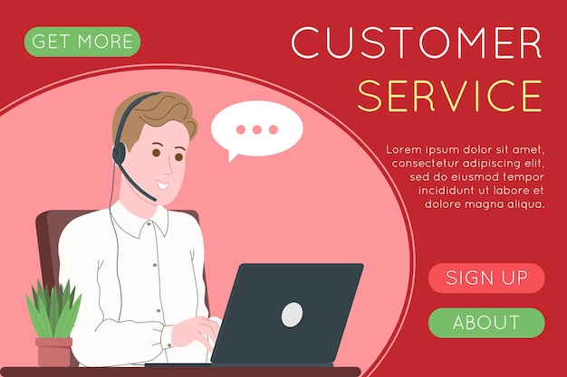 Call center, customer service, support and assistance landing page. Hotline man and woman operator with headsets and laptop. Concept of telemarketing and consultation. Cartoon vector illustration.