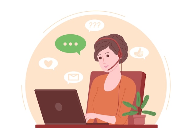 Call center, customer service, support and assistance landing page. Hotline woman operator with headsets and laptop. Concept of telemarketing and consultation. Cartoon vector illustration.