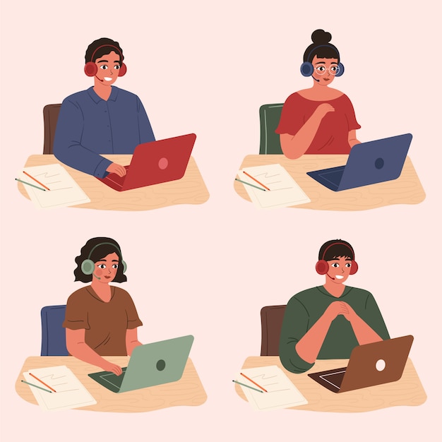 Call center, hotline flat illustrations. Smiling office workers with headsets cartoon characters. Customer support department staff, telemarketing agents. Multiethnic, diverse team.