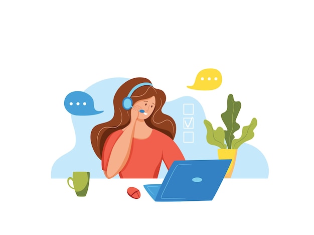 Call center operator vector illustration. Customer online support manager woman working in headphones with microphone in customer support office cartoon flat concept for web, banner, landing page.