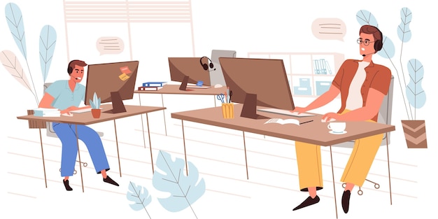 Call center people concept in modern flat design. Technical support operators in headsets answer calls or chatting, working on computers in office, person scene. Vector illustration for web banner