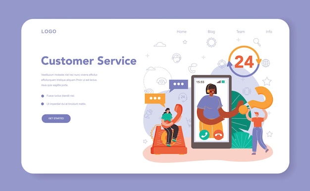 Call center or technical support web banner or landing page. Idea of a customer service. Consultant helps a customer providing them with valuable information. Vector illustration in flat style