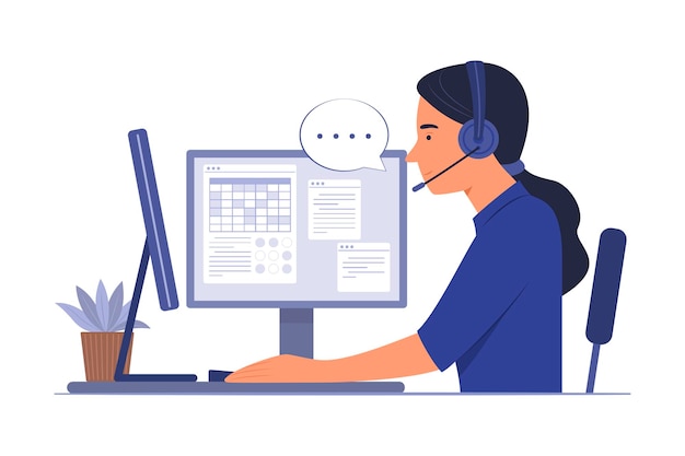 Vector call center woman working in office for online customer service concept illustration