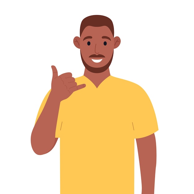 Call me African american man in glasses showing phone or call me gesture with hand fingers shaped like telephone Vector illustration