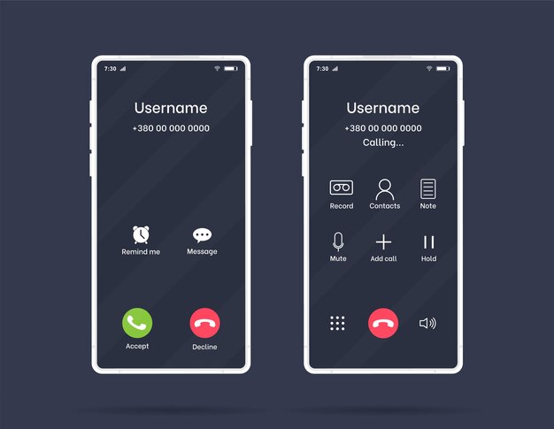 Vector call screen smartphone interface vector template mobile app page dark mode design layout