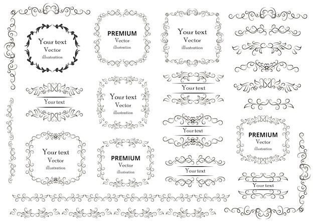 Calligraphic design elements Decorative swirls or scrolls vintage frames flourishes labels