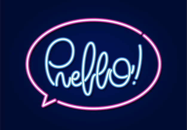 Calligraphic Neon light 3d lettering of Hello in speech bibble.