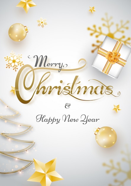 Calligraphy of Merry Christmas & Happy New Year with creative xmas tree, gift box and baubles