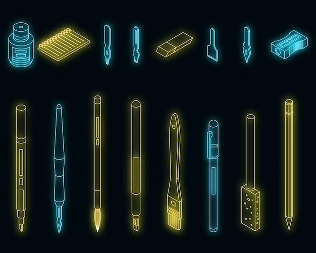 Calligraphy tools icons set vector neon