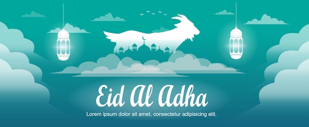 Calm Eid al Adha greetings with mosque and goat symbols for banner