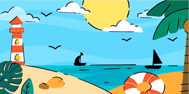 Calm Morning At Sea Shore Doodle Illustration Exclusive