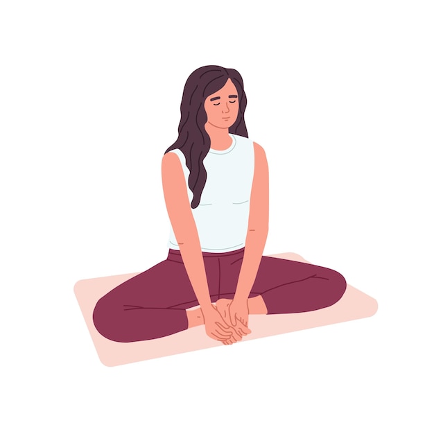 Vector calm peaceful woman at yoga and meditation practice female meditating in zen asana lotus pose person during breathing exercises flat graphic vector illustration isolated on white background