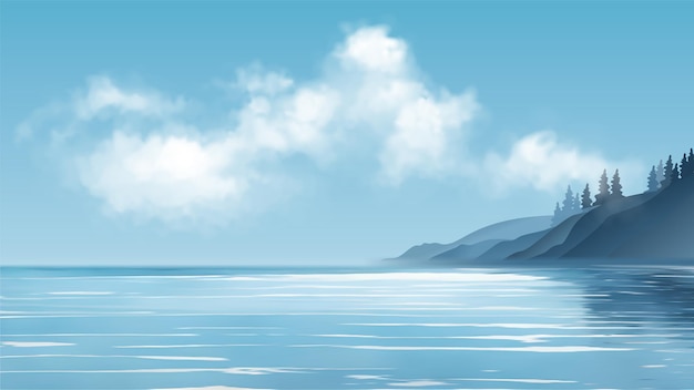 Vector a calm seascape with a distant rocky shore and clouds