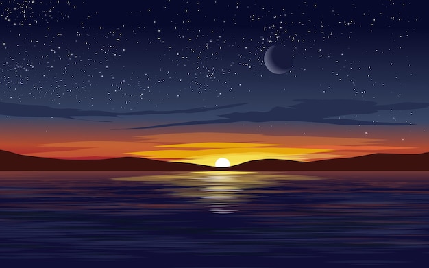 Calm sunset over ocean with island, moon and stars