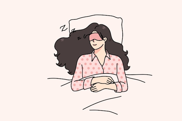 Calm young woman with eye mask lying relaxing in soft bed sleeping or taking nap Relaxed millennial girl asleep in bedroom see dreams at night Relaxation and fatigue Vector illustration