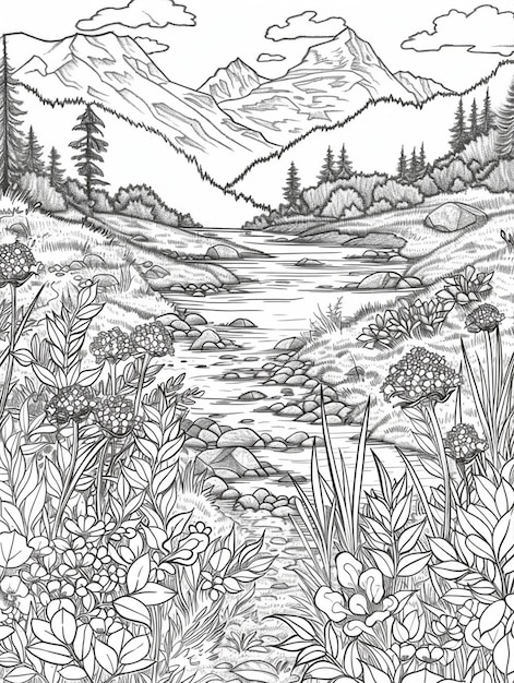 Vector calming landscapes coloring page